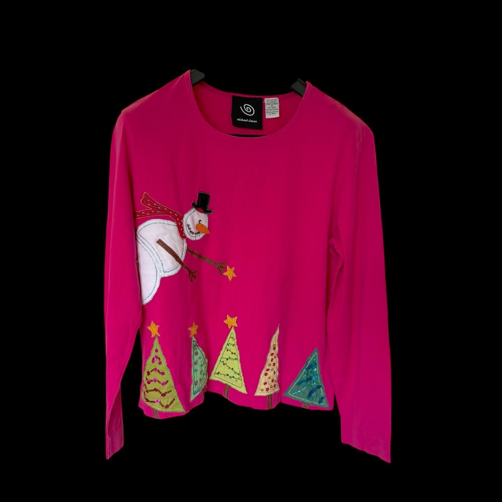 Michael Simon Pink Snowman Christmas Tree Holiday Applique Top XL